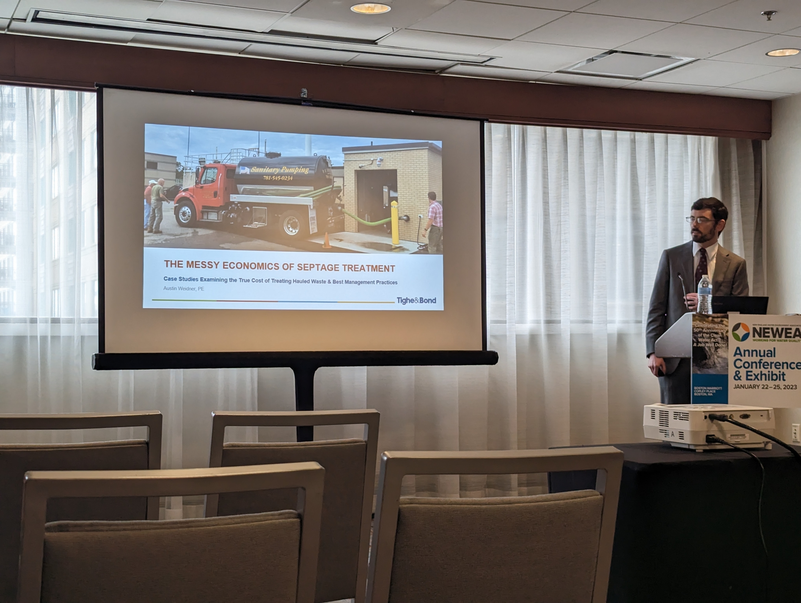 Tighe & Bond engineer Austin Weidner presents on cost-management options for water utilities.