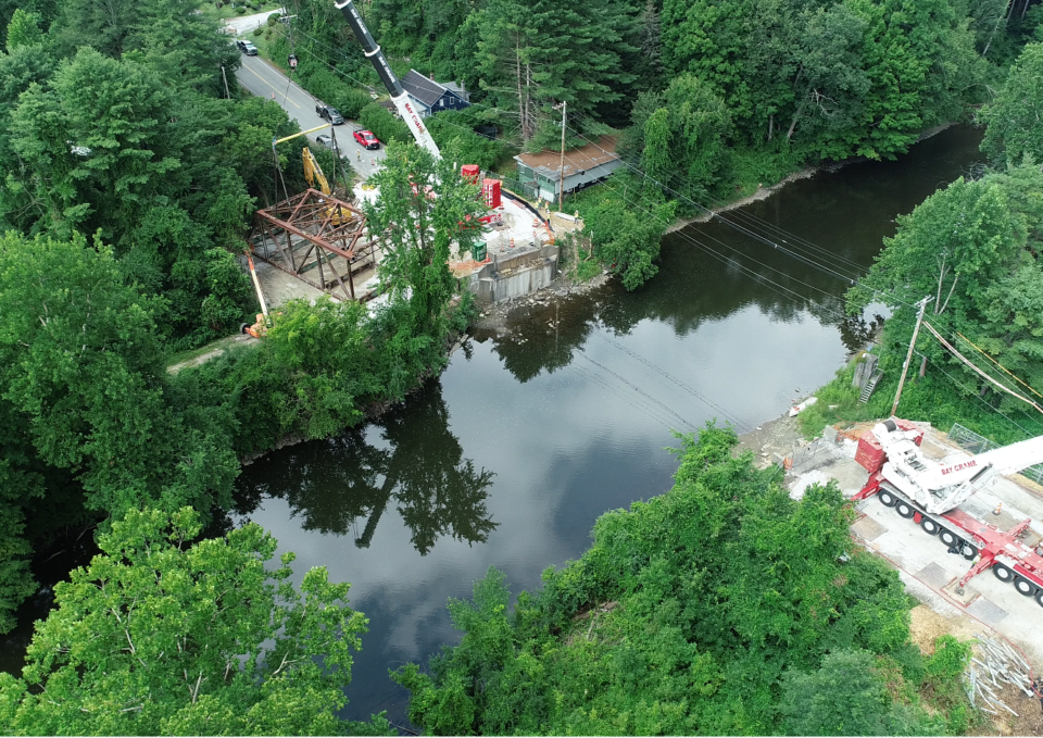 An aerial drone photo of the gap over the Housatonic River in Great Barrington, MA after the removal of the Division Street bridge.